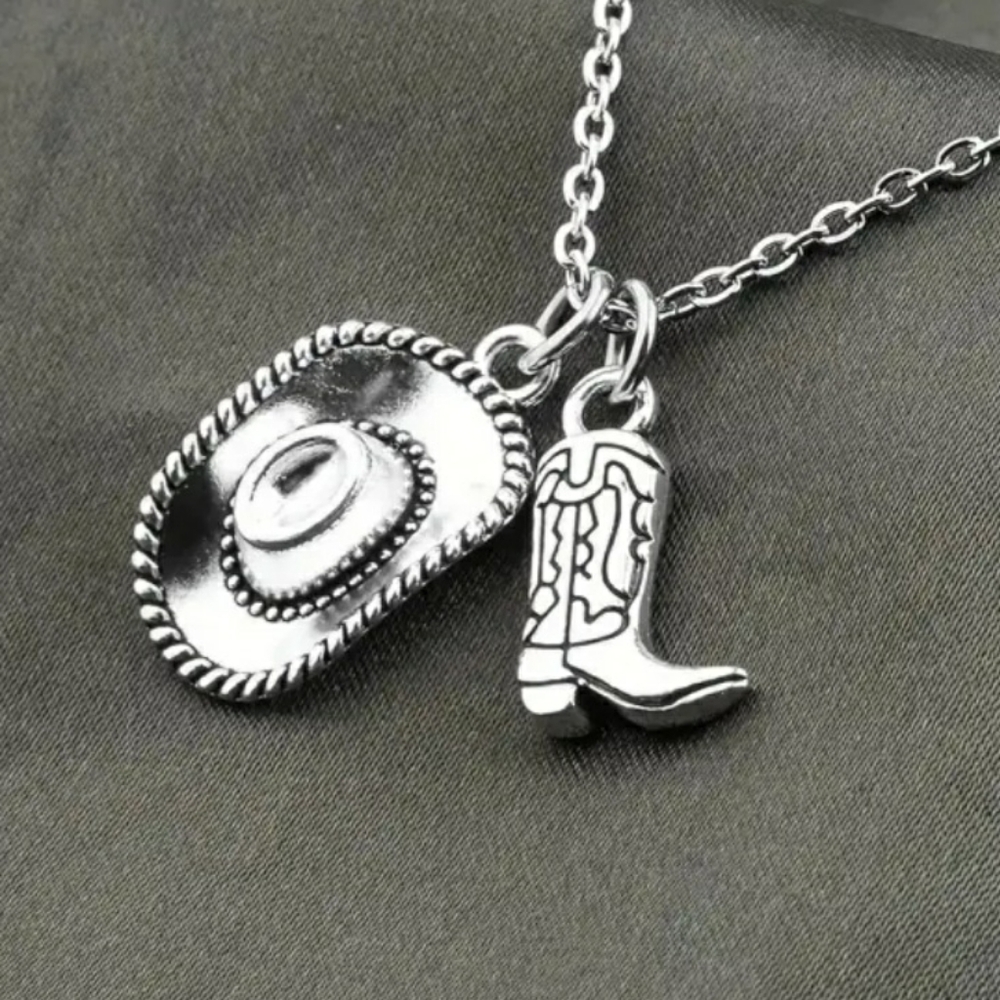 NEW Silver Cowboy Hat and Boot Pendant Necklace